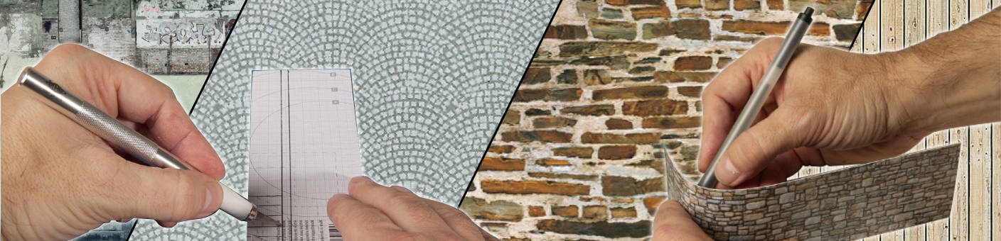 Modellbaumauern mit Stein-, Pflaster- und Ziegelstrukturen beim Zuschneiden