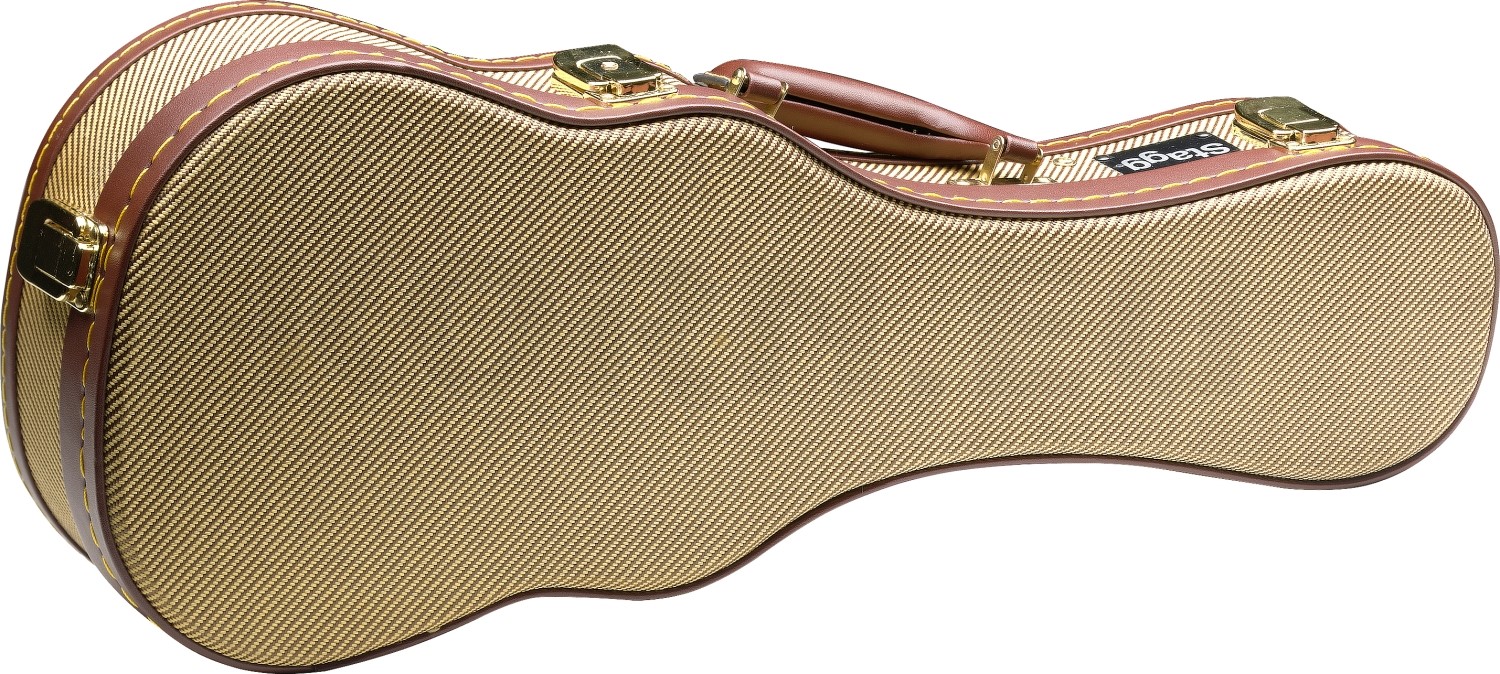 Custodia Rigida Per Ukulele Soprano Stagg - Tweed Dorato, Interno In Felpa, Maniglia Imbottita, Profili Acciaio