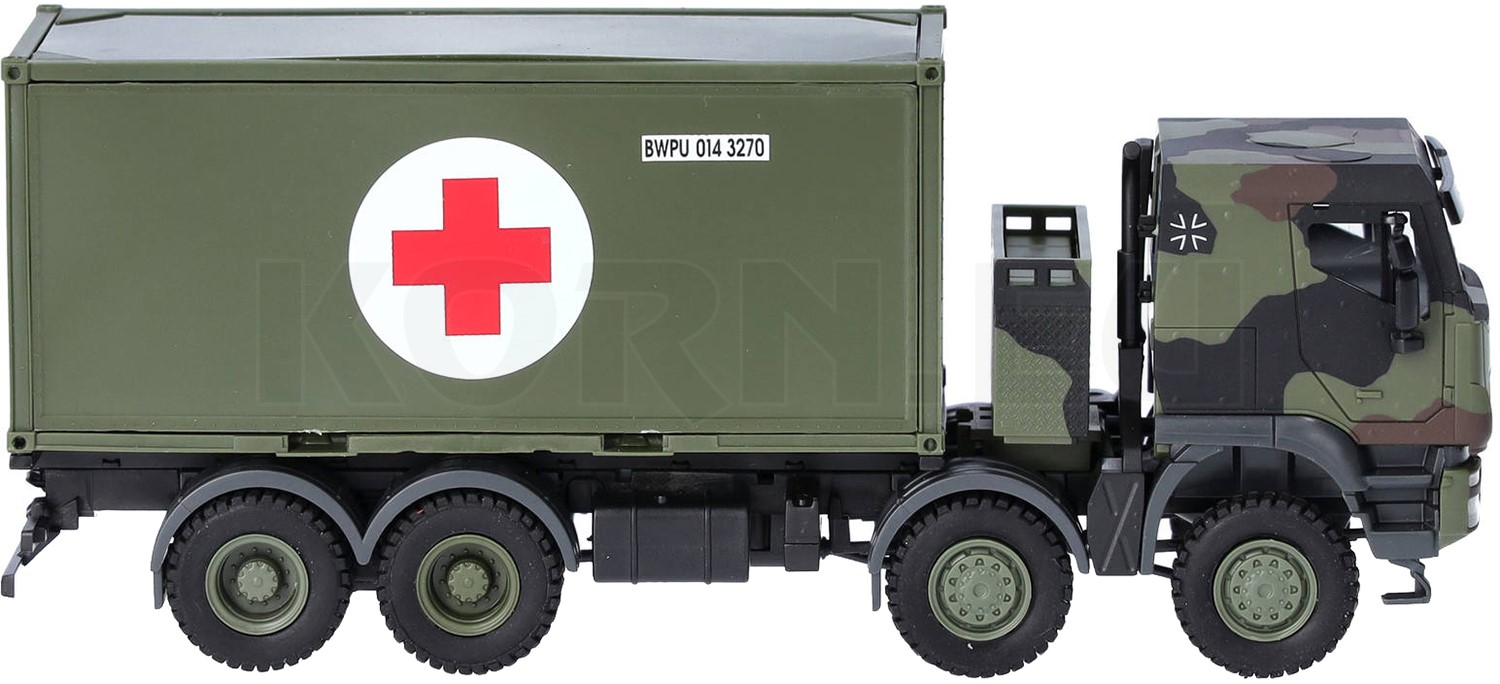 Herpa Camion Iveco Trakker 8x8 Avec Conteneur 20ft, Échelle 1:87, Modèle Bundeswehr/Croix-Rouge, Miniature En Plastique, Fabriqué En Allemagne, Pièce De Collection