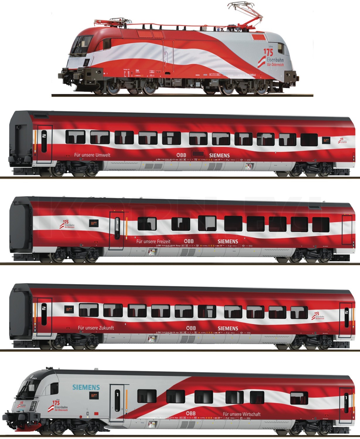 Roco 6280096 Railjet 175 Jahre Eisenbahnen in Österreich – Lok und vier Wagen in TT