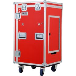 KORN Case Winkelrack 16+2 HE / 10 HE tief  mit Rollen, Tisch in rot Casebau