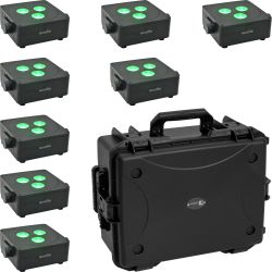 EUROLITE Set 8x AKKU IP Flat Light 3 sw + Kunststoffcase mit Trolley