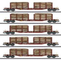 47154 H0 5er Set Doppelrungenwagen Snps 719 mit Holzladung, DBAG, Ep.V, WS