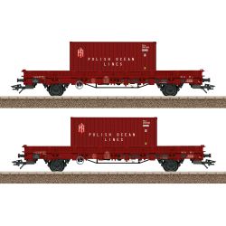 24555 H0 2er Set Niederbordwagen mit Containern, PKP, Ep.IV