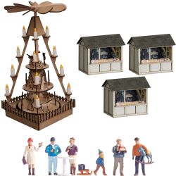 66412 Weihnachtsmarktbuden-Set + 15926 6 Fig. u. Zubehör + 14395 Pyramide