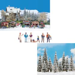 Weihnachtsmartkset: Buden + Figuren + verschneite Bäume