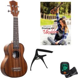 KORN Premium Mahagoni Sopran-Ukulele inkl. Bag + Buch + Stimmgerät + Kapodaster