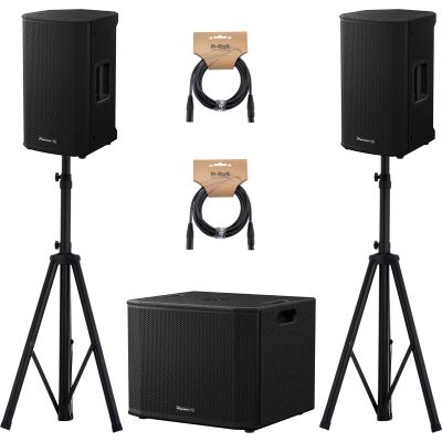 Pioneer DJ XPRS 102 Paar mit XPRS 1152S Subwoofer Kabeln und Stativen